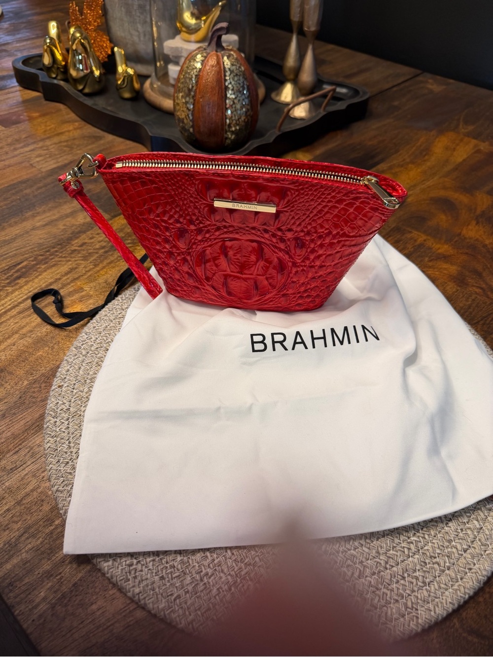 Brahmin Red Croc-Embossed Leather Wristlet with Gold Hardware
